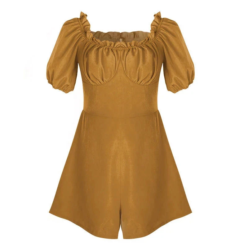 AYPOQ Boho пикантные пляжные Pantskirt Playsuit со складками на груди пузырьковый рукав для женщин Летние Боди, комбинезон Bodycon элегантный топ