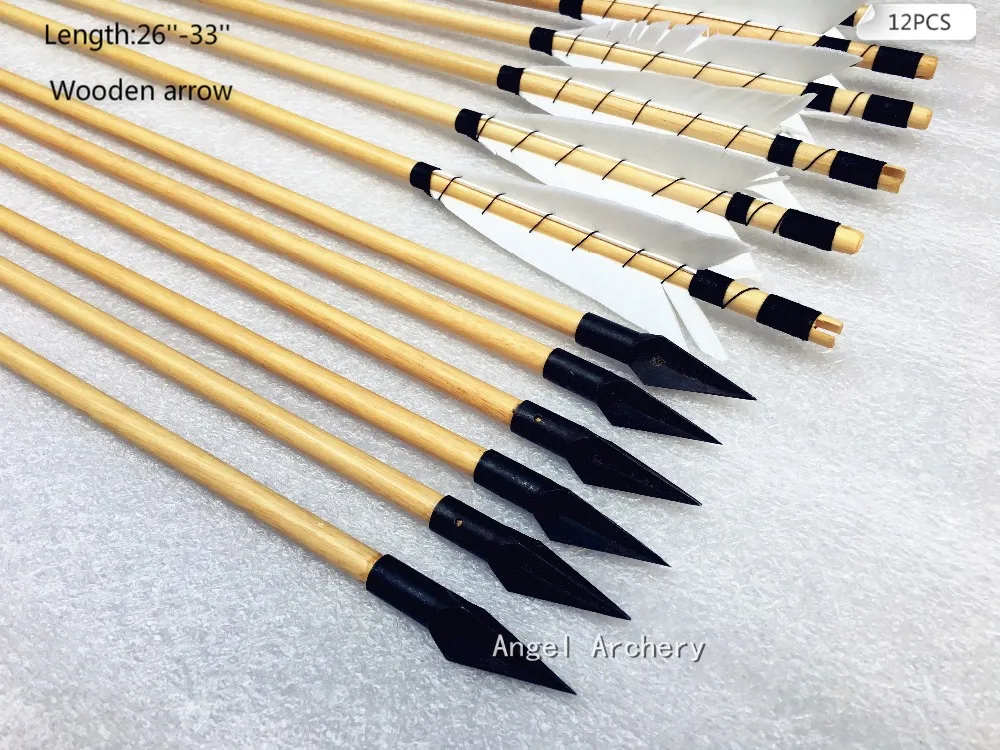 

12pk White medieval hunting wooden arrow 125Grain arrowhead self nock can do other color