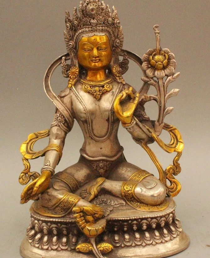 

9" Tibet Silver Gilt Green Tara Mahayana Buddhism enlightenment Goddess Statue