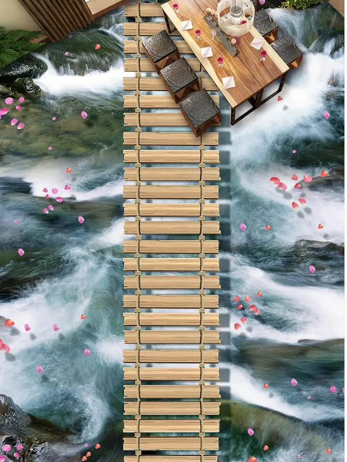 

3d floor painting wallpaper River stone water waterfall 3D floor pvc self-adhesive wallpaper 3d flooring