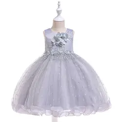 Бальное платье, серое платье с цветочным узором для девочек, пышные платья для вечеринки, кружевные аппликации