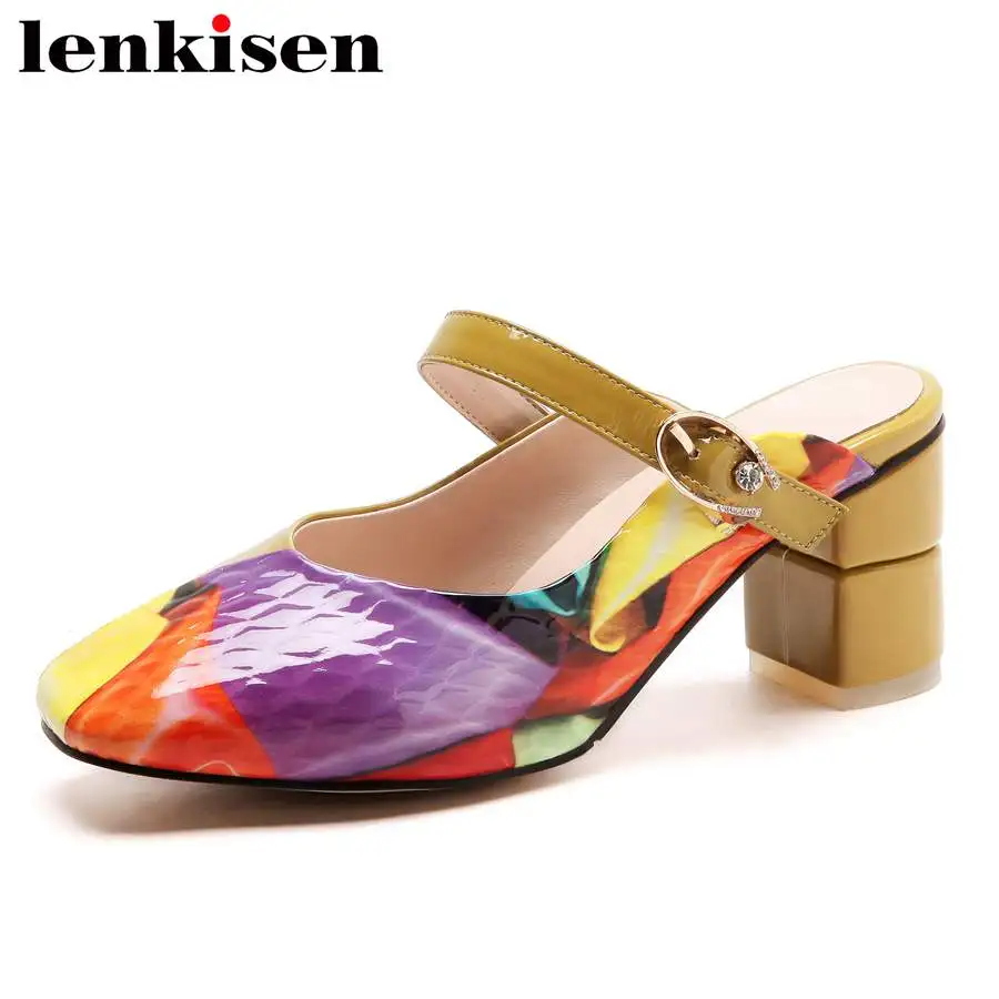 

Lenkisen Office workers cow leather mixed colors high heel slip on square toe mules buckle white collar urban women sandals L3f1