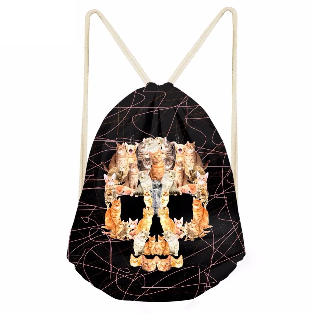 Cute Animal Cat Lion Skull Head Print Boys Girls Drawstrings Bags Casual Storage Backpacks Children Satchel