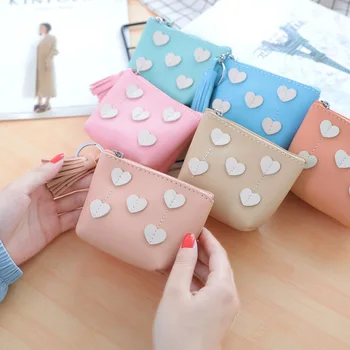 

Heart Embellishment Women Purse Wallet New Portable Cute Mini Zipper Coin Purse Female Card Package Money Bags