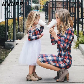

MVUPP mommy and me dresses plaid long sleeve family matching outfits for mother daughter dress look clothing mom mum clothes nmd