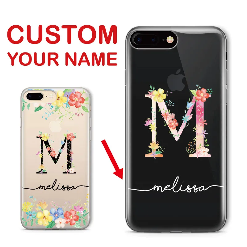

Custom Personalized For iPhone 6 6S XS Max 7 7Plus 8 8Plus 5 X SAMSUNG S7 S8 S9 Name Floral Letter Initial Soft Clear Phone Case