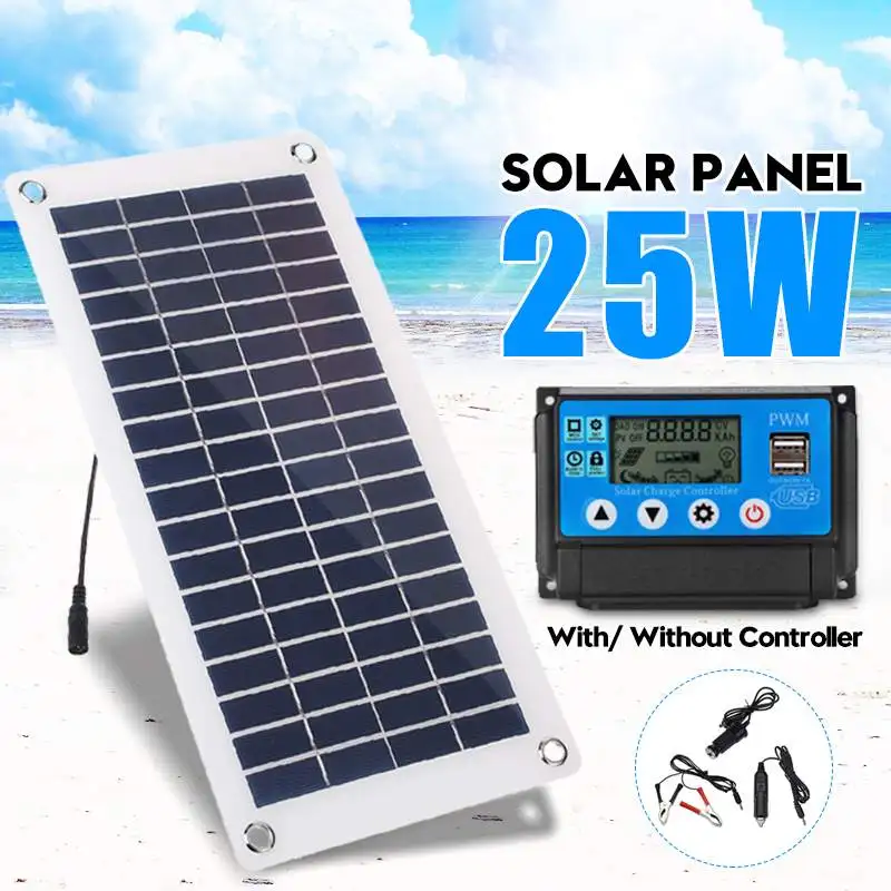 

25W Solar Panel USB 12V/5V Polysilicon Silicon Cell +10/20/30/40/50A PWM Solar Charger Controller For Battery Cell Phone Charger