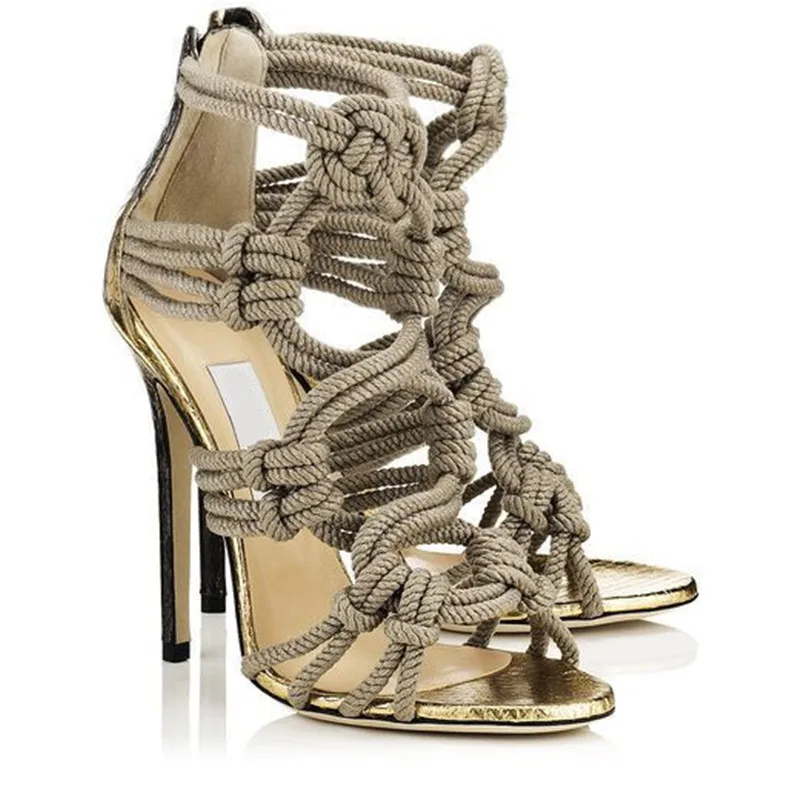Buy Fashion Braided Rope High Heels Women Sandals 2017 Cut Outs Cage Gladiator