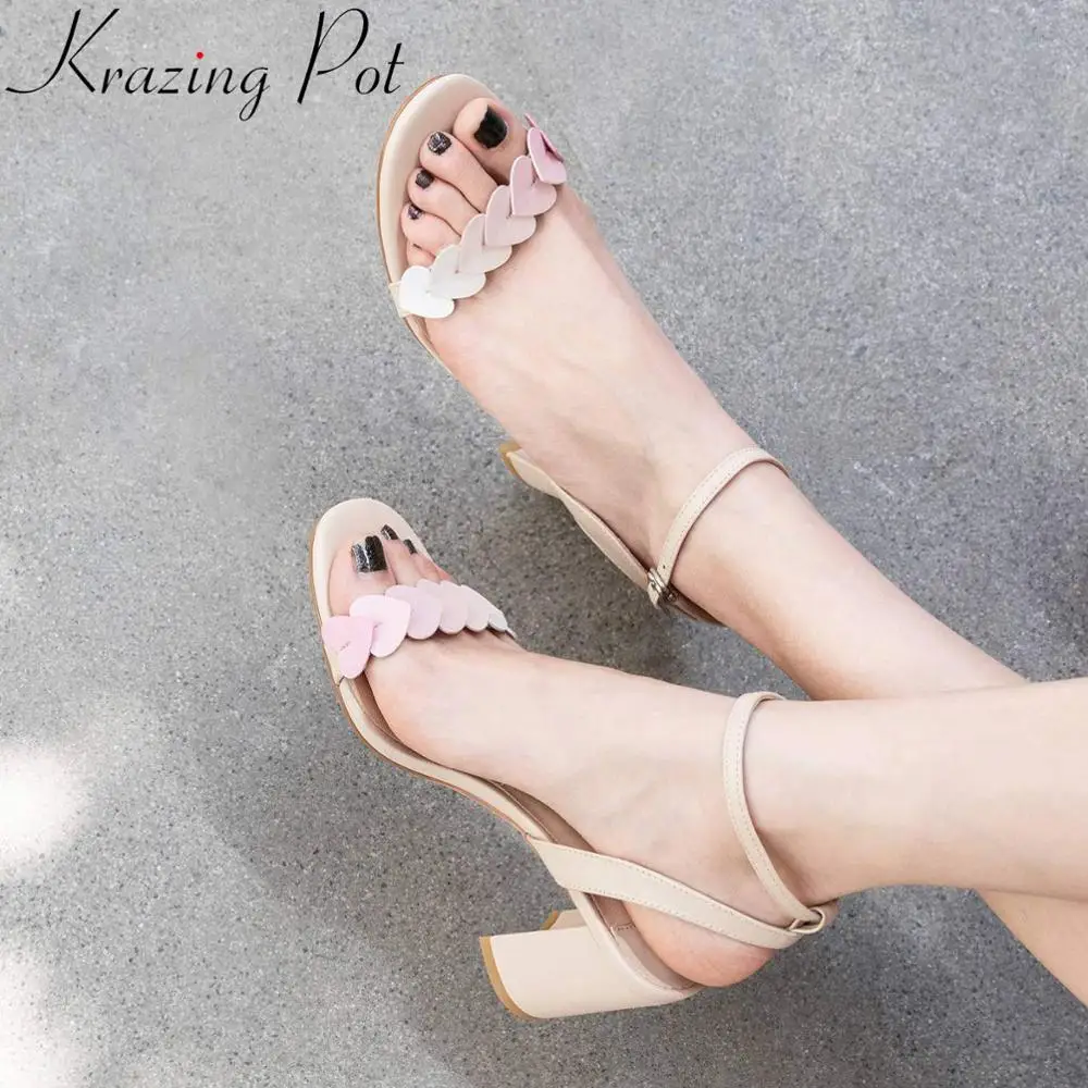 

Krazing Pot mixed colors cute full grain leather peep square toe high heels buckle strap pretty girls model runway sandals L08