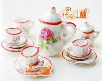 

A01-X299 children baby gift Toy 1:12 Dollhouse mini Furniture Miniature rement ceramics tea set 15pcs/set Carnations