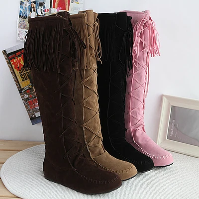 

2014 Special New Korean Tassels Boots Knee High Boots Flat Heel Boots Plus Size 35-43 Em4862