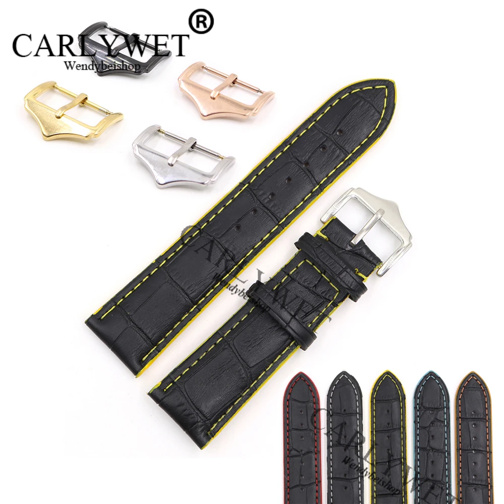 

CARLYWET 18 20 22mm Leather Black Handmade Wrist Watch Band Strap Belt For Rolex Omega Seiko Tudor Breitling