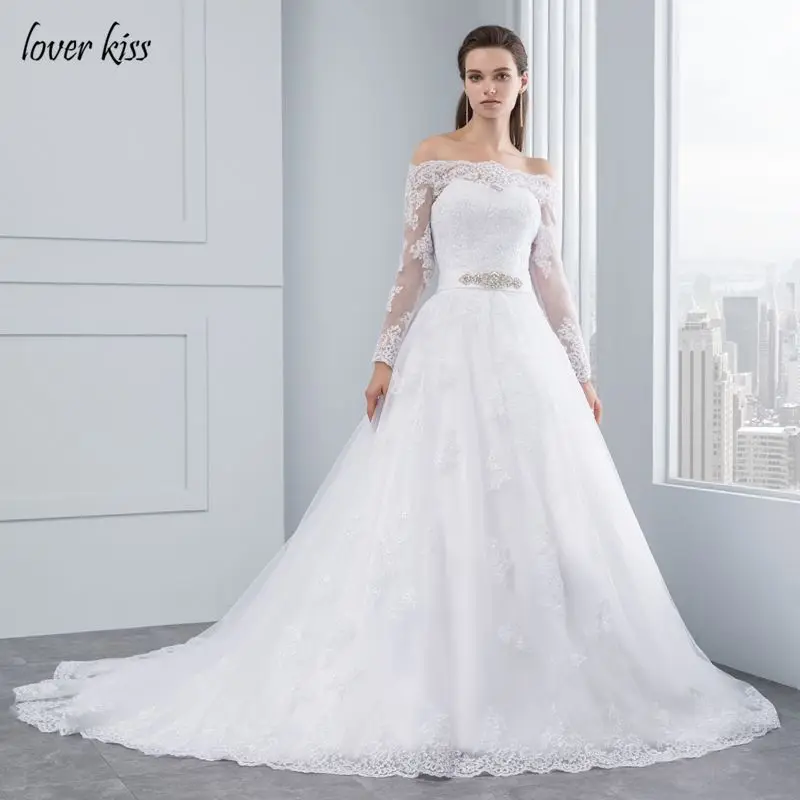 Lover Kiss vestido noiva Свадебные платья с открытыми плечами с длинными рукавами принцесса кружева свадебные платья невесты robe de mariage - Цвет: Белый