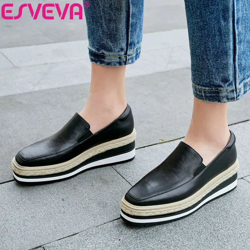 

ESVEVA 2019 Women's Vulcanize Shoes Square Toe High Heels Shoes Women Pumps Spring Cow Leather PU Platform Slip on Size 34-40