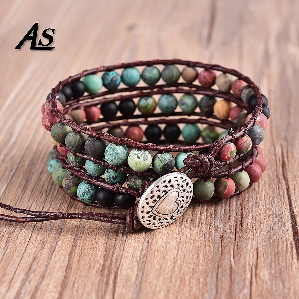 

Asingeloo Natural Matte Stone 6mm Afric Turquoise Beads Leather Bracelets 3 Wraps Handmade Vintage Jewelry Bracelet for Women