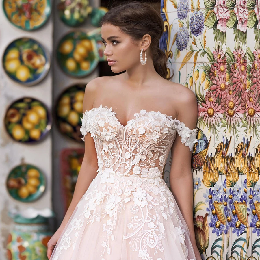Illusion Wedding Dresses Customized Tulle with Lace Appliques Sexy Off the Shoulder A-line Summer  Dress vestido de noiva 3