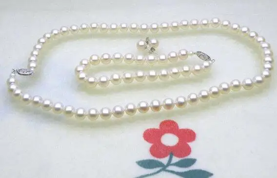

Hot selling free shipping*****AAA++ 6-6.5mm round white akoya pearl necklace earring bracelet set 925 silver