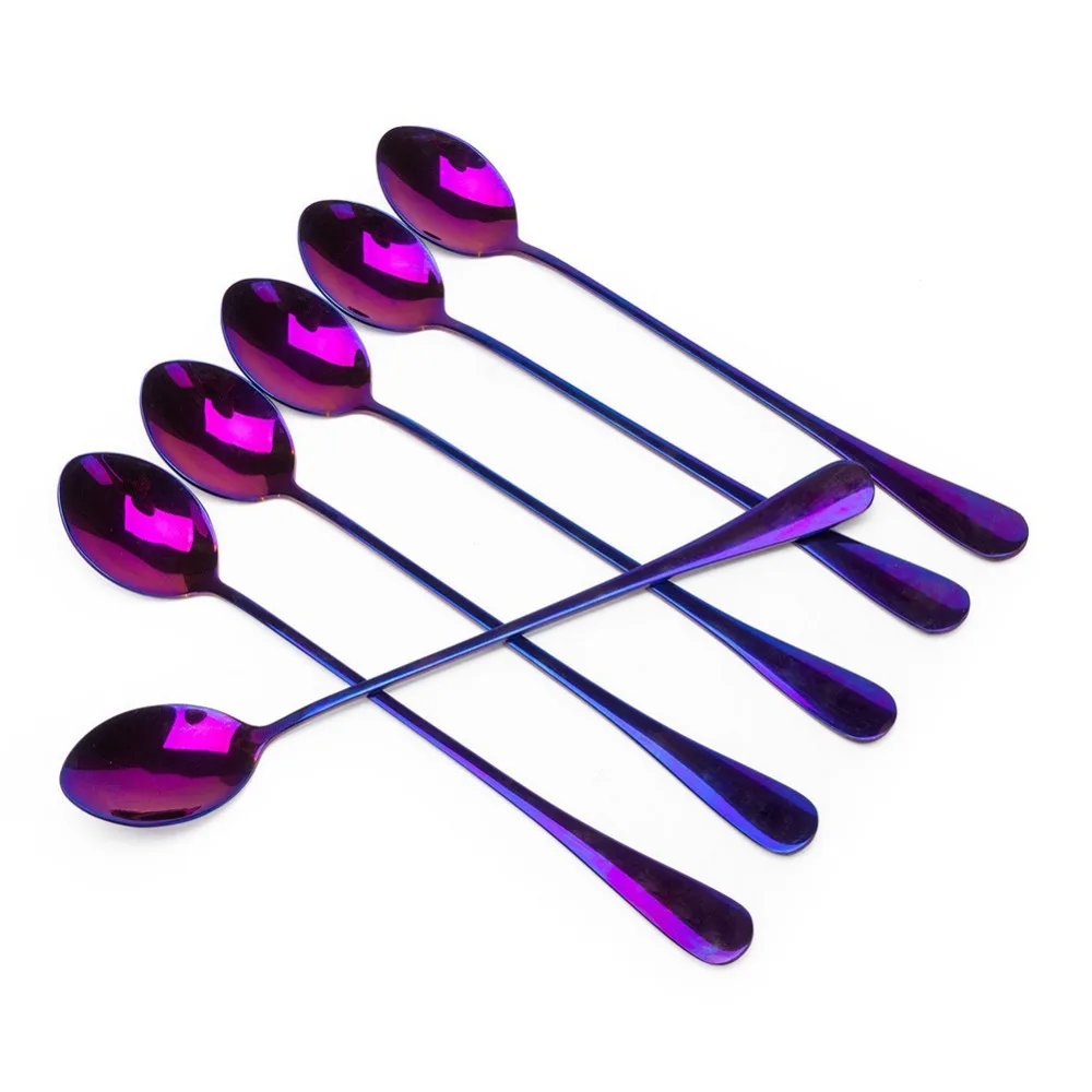 

6Pcs Stainless Steel Long-handled Spoon Dessert Ice Tip Coffee Spoon Stirring Teaspoons Round head Coffee Spoon Flatware Set