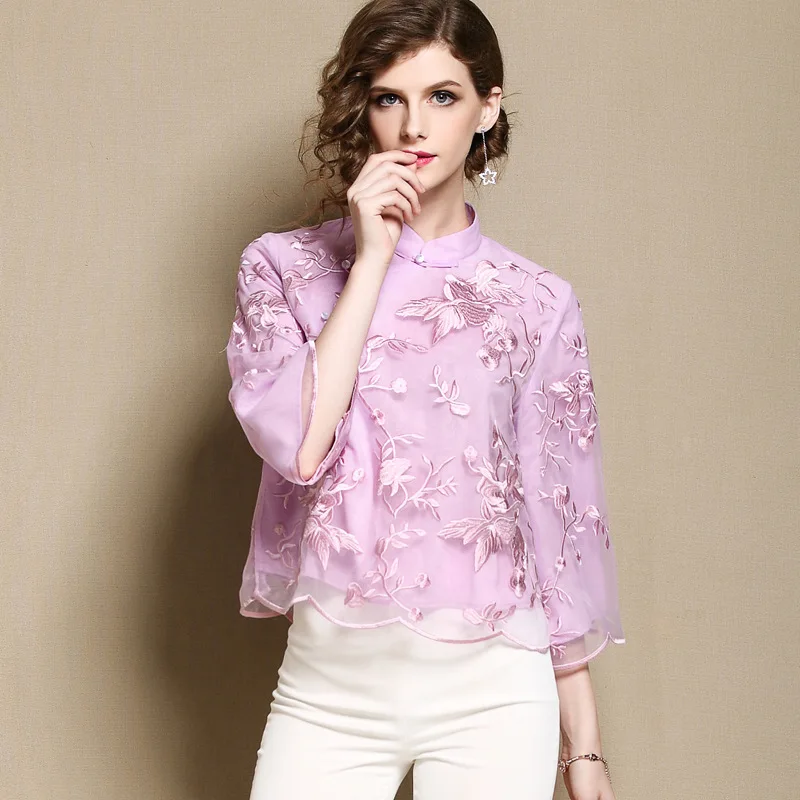 

Chinese Style Women Shirt Vintage Improved Mandarin Collar Tang Top Elegant Embroidery Flower Party Clothing Casual Blouse