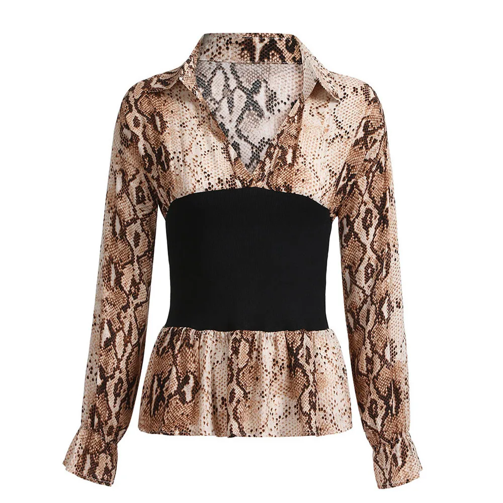 Womens Shirt Snake Printed Shirt V Neck Long Sleeve Snake Printed Slim Blouse Autumn Causal Slim