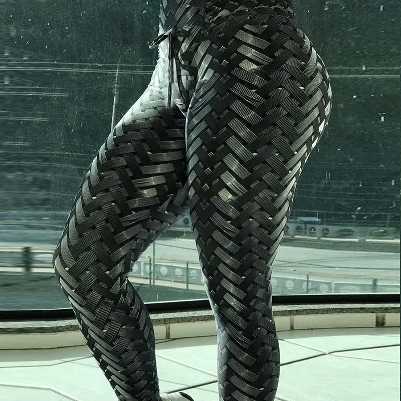 2018 New Black Weaving Printed Tie Women Fitness Leggings Push Up Workout Leggings Elastic Female Sporting Leggins Pants