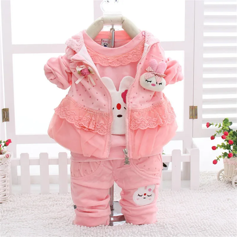 

Kids Fashion Set 2018 New Design Autumn Baby Girls Clothing Set Cute Rabbit Lace Kids Long Sleeve T shirt + Pant + Hooded Vest