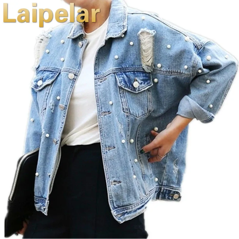 

Laipelar 2018 Women's Spring Denim Jacket Pearl Patchwork in Ripped Hole Vintage Casual Denim Jacket Plus Size Bomber Jacket
