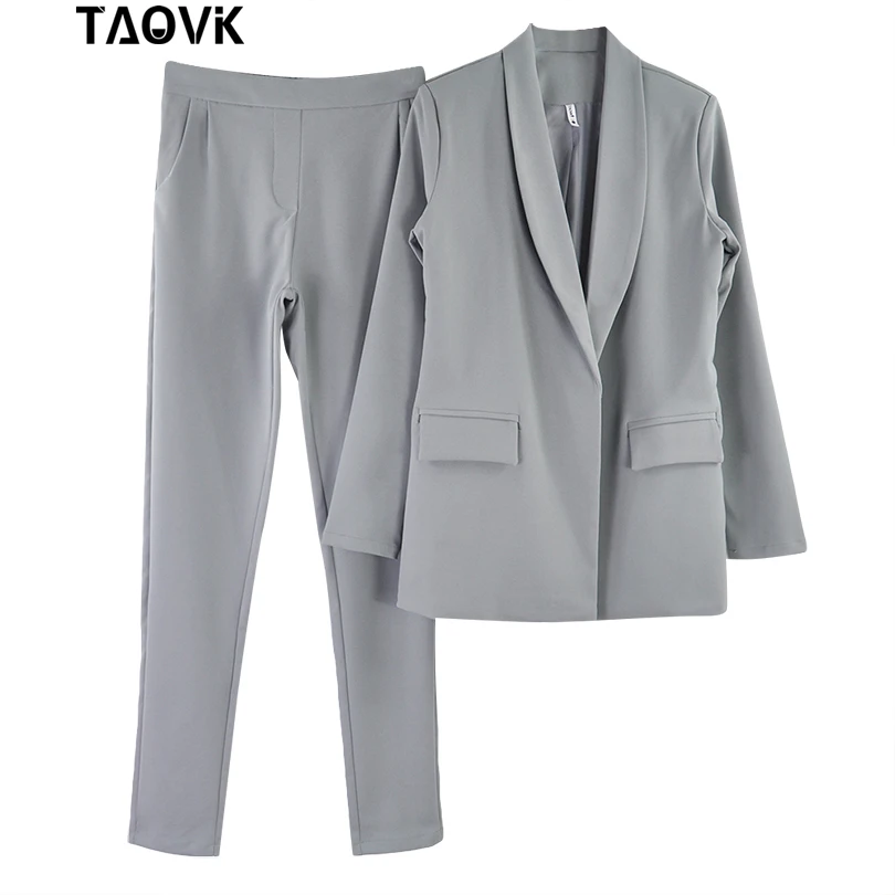 TAOVK рабочие брючные костюмы OL 2 шт наборы с отложным воротником Блейзер Куртка и брючный костюм для женщин Feminino Весна Осень Рабочая одежда - Цвет: Grey