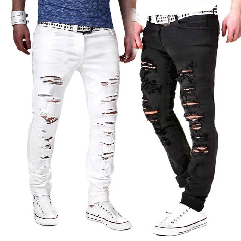 LASPERAL Fashion Solid White Jeans Men Sexy Ripped Hole Distresses Washed Skinny Jeans Male Casual Outerwear Hip Hop Pants 2019