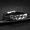 XQNI minimalista Acero inoxidable Color negro pulsera de cuero genuino para hombres patrón de geometría Punk estilo regalo de cumpleaños ► Foto 2/6