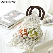 Хлопковая Плетеная соломенная сумка-тоут с кисточками макраме с натуральным видом деревянных круглых ручек, мини-платье, Сетчатая Сумка, винтажная Сумка bolso
