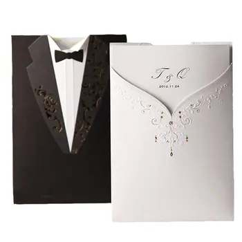 

1Pcs Black & White Laser Cut Wedding Invitations Card, Groom and Bridal Tuxedo Invitation Marriage with Envelopes