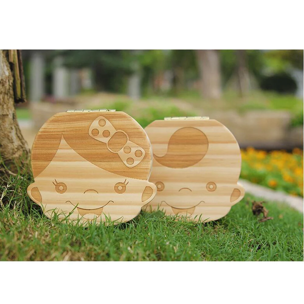 Baby Tooth Box Organizer Save Milk Teeth Wood Boy Girl Kids Storage Fairy Case