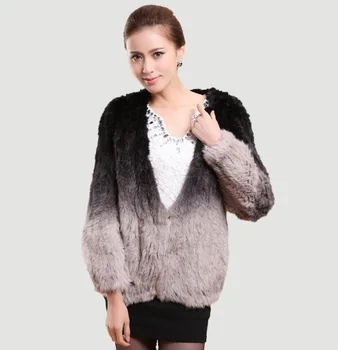 

Fur Story 13090 Fashion Design Single Breasted Cardigan Women's Rabbit Fur Coat Knitted Gradient Color Real Fur Coat Female
