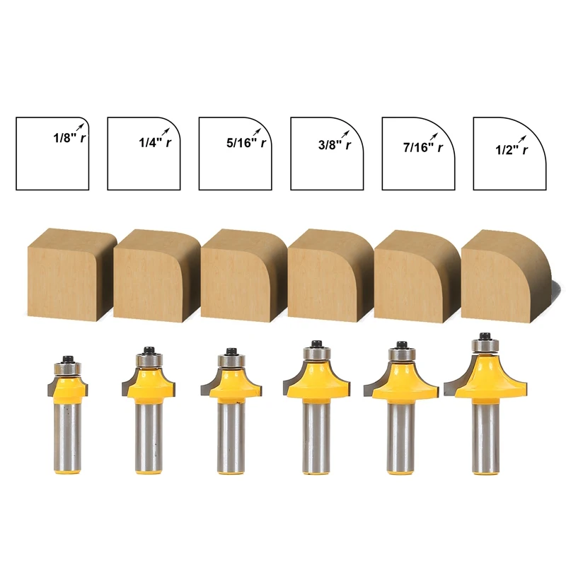 6pcs/lot Woodworking milling cutter Roundover Router Bit Set 1/2" Shank