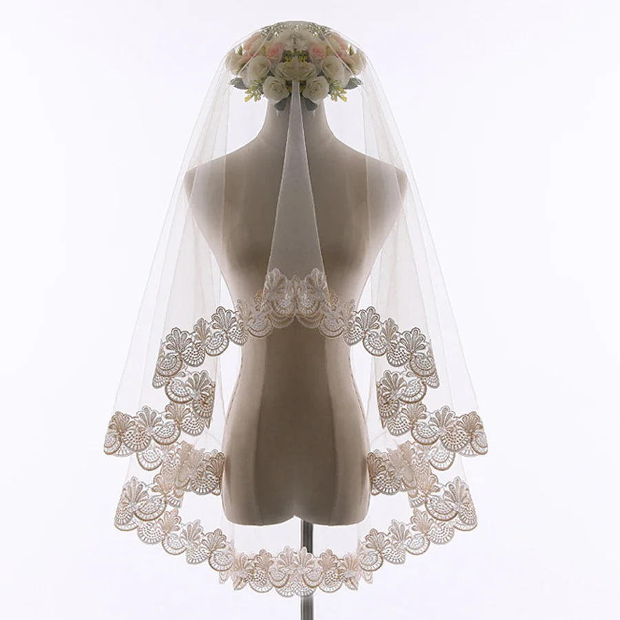 Wedding veil new white ivory gold 1.5M layer bidal veil pretty velo de