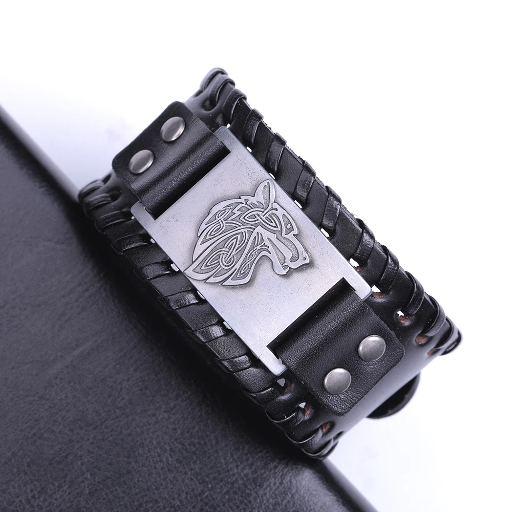 Teamer широкий кожаный браслет для мужчин старинные античные серебряные металлические амулеты регулируемый браслет на запястье амулет Викинг-волк ювелирные изделия