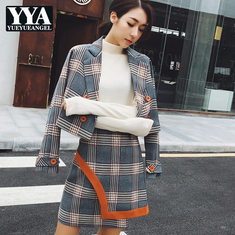 

2019 New Autumn Winter Set Fashion Plaid Double Breasted Short Jackets Mini Skirt 2 Piece Sets Female Korean Style Slim Fit Sets