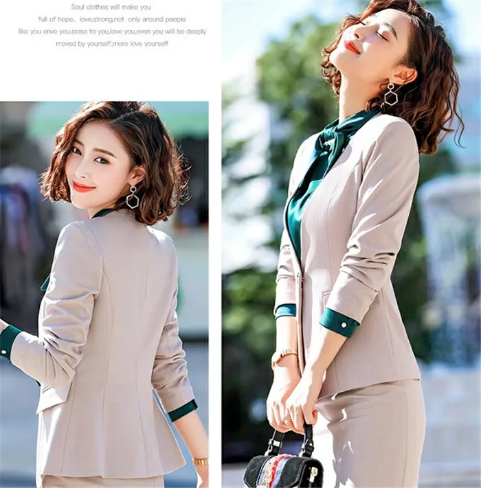 Для женщин офисная униформа, костюм Демисезонный тонкий моды с длинным рукавом одной кнопки блейзер и брюки набор Femininas Ds50392