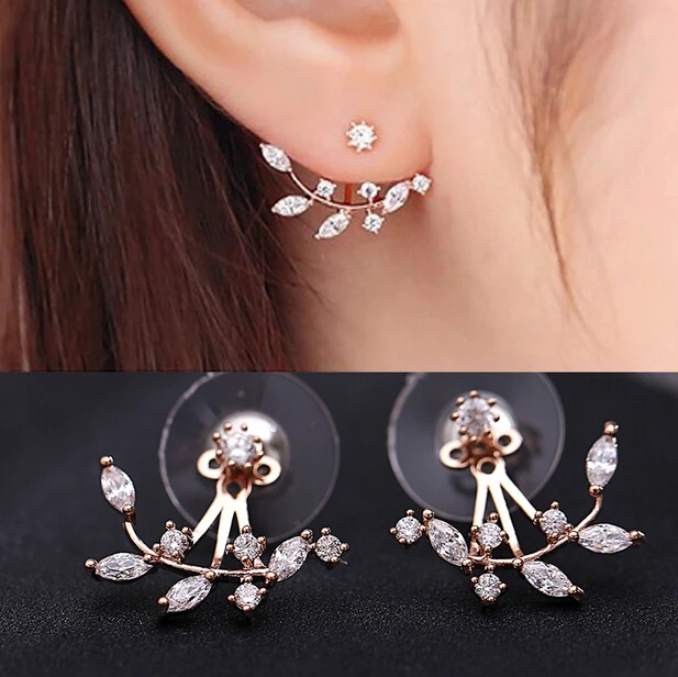 New Silver Color Needle Rose Gold Zircon Leaf Ear Cuff New Silver Color Needle Rose Gold Zircon Leaf Ear Cuff Stud Earrings For Women