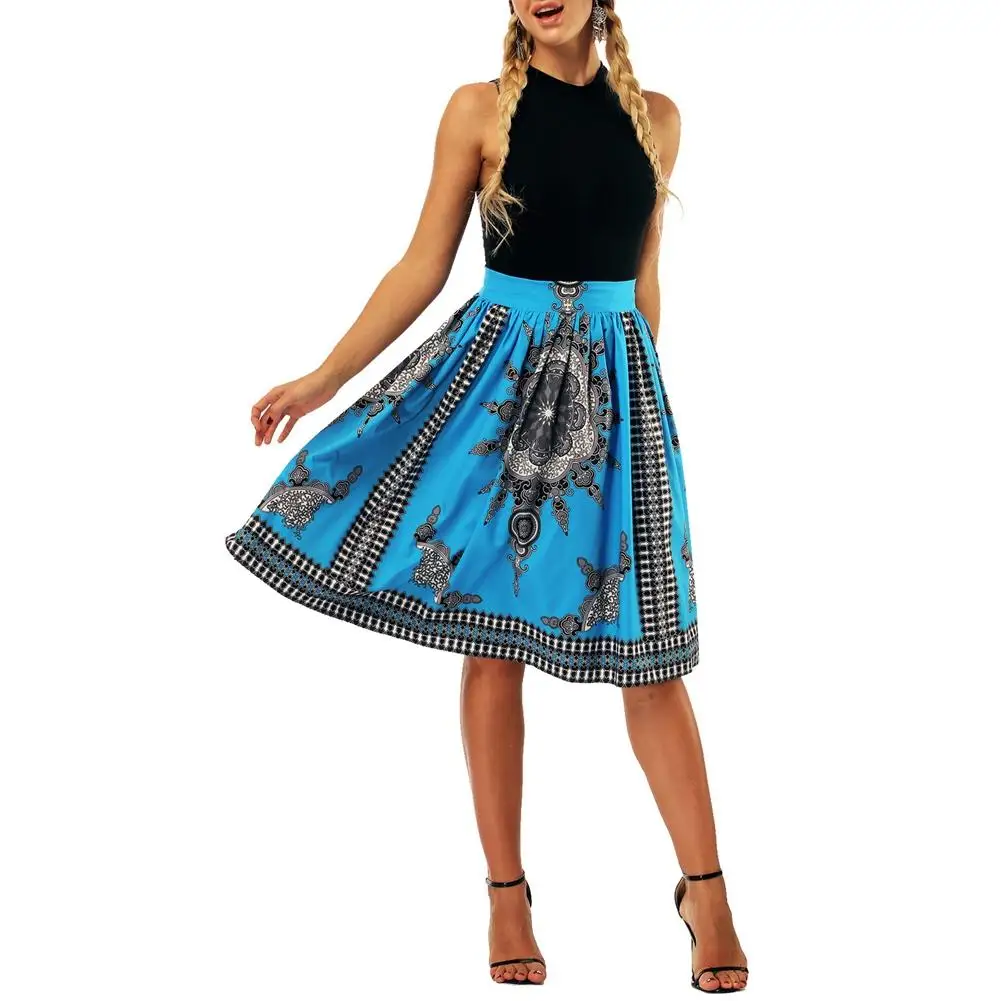 2018 Summer Women Skirt African Ethnic Digital Print High Waist Ball Gown A Line Knee Length