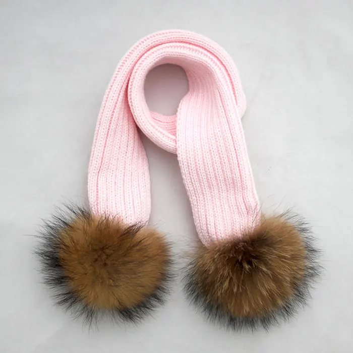 Шерстяной вязаный зимний шарф с мехом для детей - Цвет: baby pink