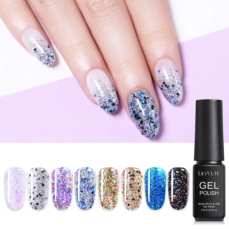 

LILYCUTE 7ml Glitter Sequins Nail Gel Polish Colorful Pink Purple Shiny Long Lasting Soak Off UV Gel Nail Art Gel Varnish