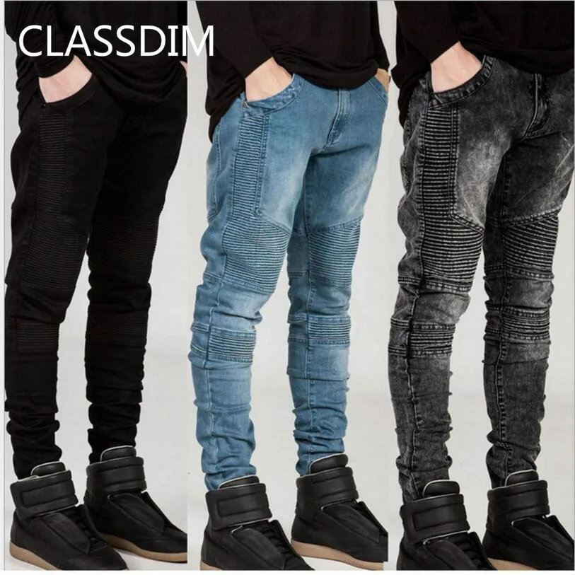 CLASSDIM High Street Style Denim Jeans Men Fashion Folds Skinny Jeans Men Elastic Black Jeans New Male Slim Denim JEANS