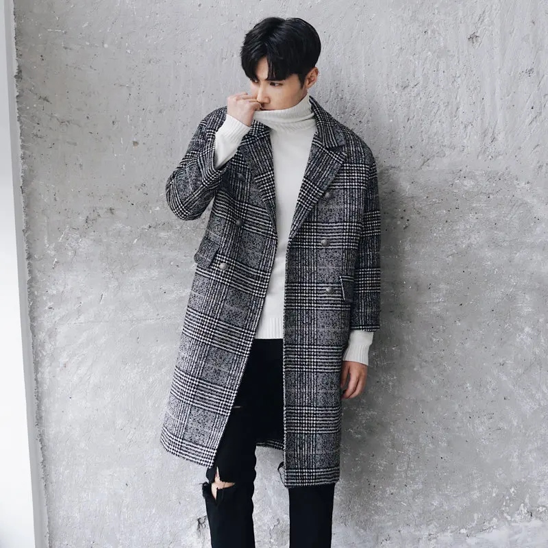 New Winter Double-breasted Plaid Wool Coat Men Loose Blends Windbreaker Fashion Vintage Tartan Long Men's Outerwear DS50825 - Цвет: as the picture