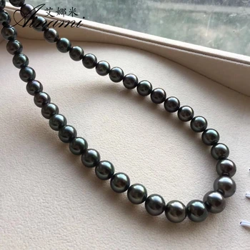 

[Ainami] 925 silver real natural Tahitian black pearl necklace 9-11mm natural pearl necklace round malachite green sea pearl