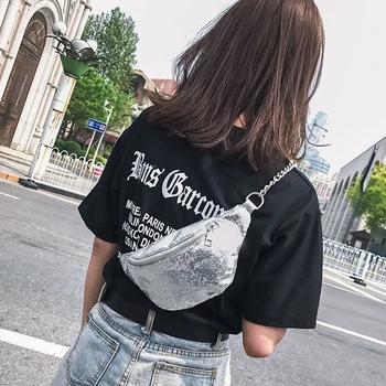 

Women Belt Bag Sequin Fanny Pack Silver Zipper Travel Shopping Frmale Waist Bag Portable Purse Phone Pouch Shoulder Chest Pack