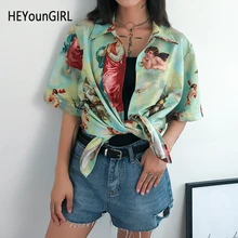HEYounGIRL Coreano impreso camiseta con Ángel mujer media manga Vintage camiseta señoras Turn-down Collar Harajuku camiseta mujer verano