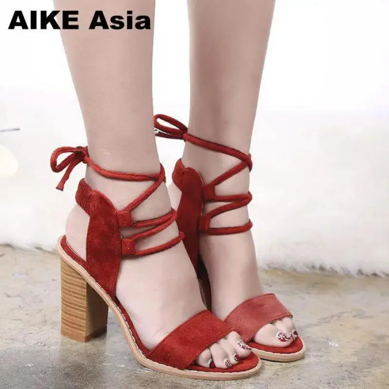 

AIKE Asia 2019 Sexy Women Pumps Open Toe Lace up Heels Sandals Woman sandals Thick with Women Shoes women High heels #A918-3