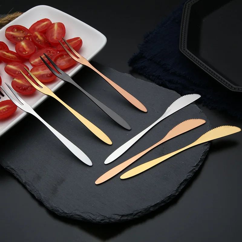 

Mini Fruit knife Fork 304 Stainless Steel Cake Salad Party Gold Silver Rose Forks Fruit Toothpick Forks Knifes Tableware 2pcs
